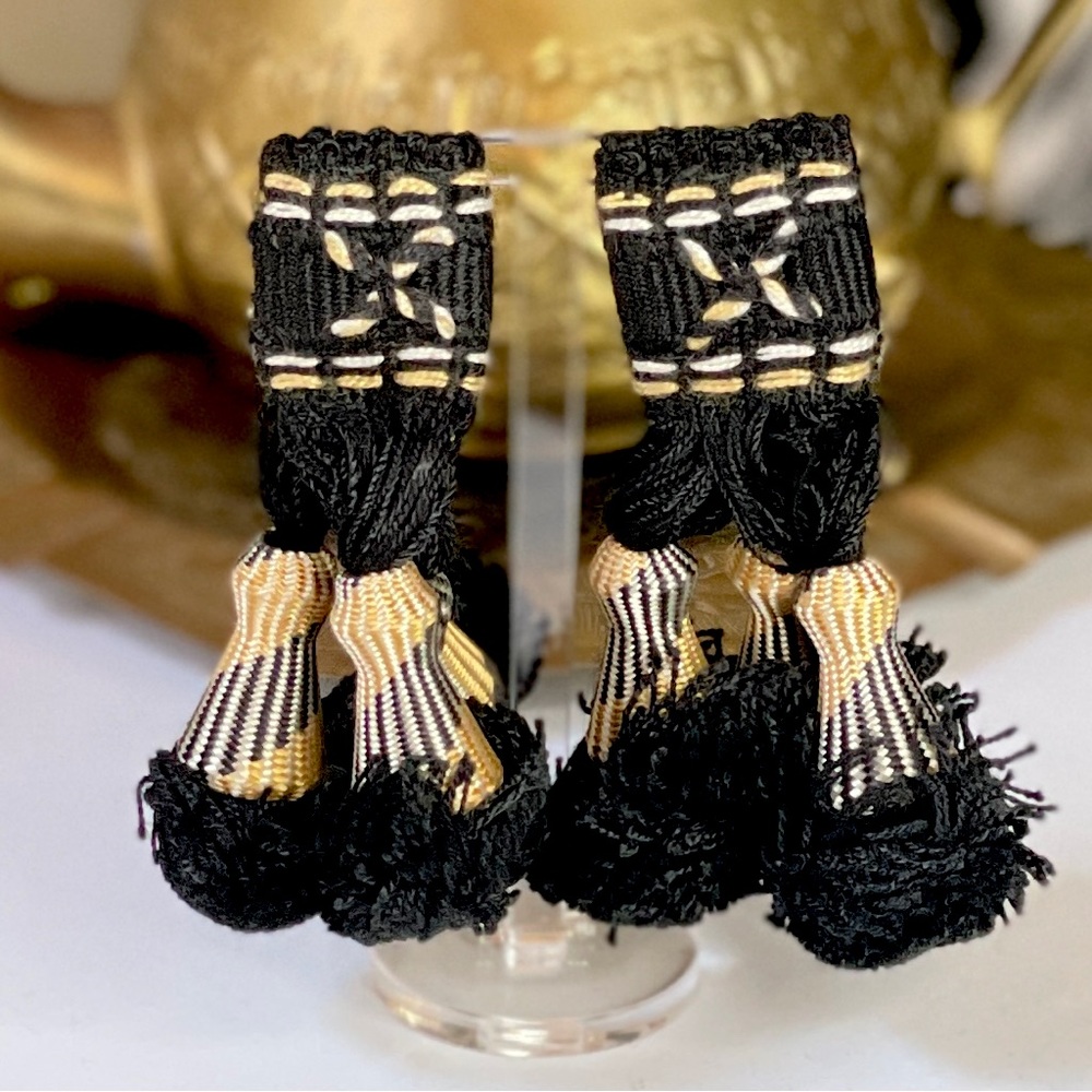 Classic Tassel Earrings by Apt.1C, black, cream, and golden yellow- PIERCED BACK